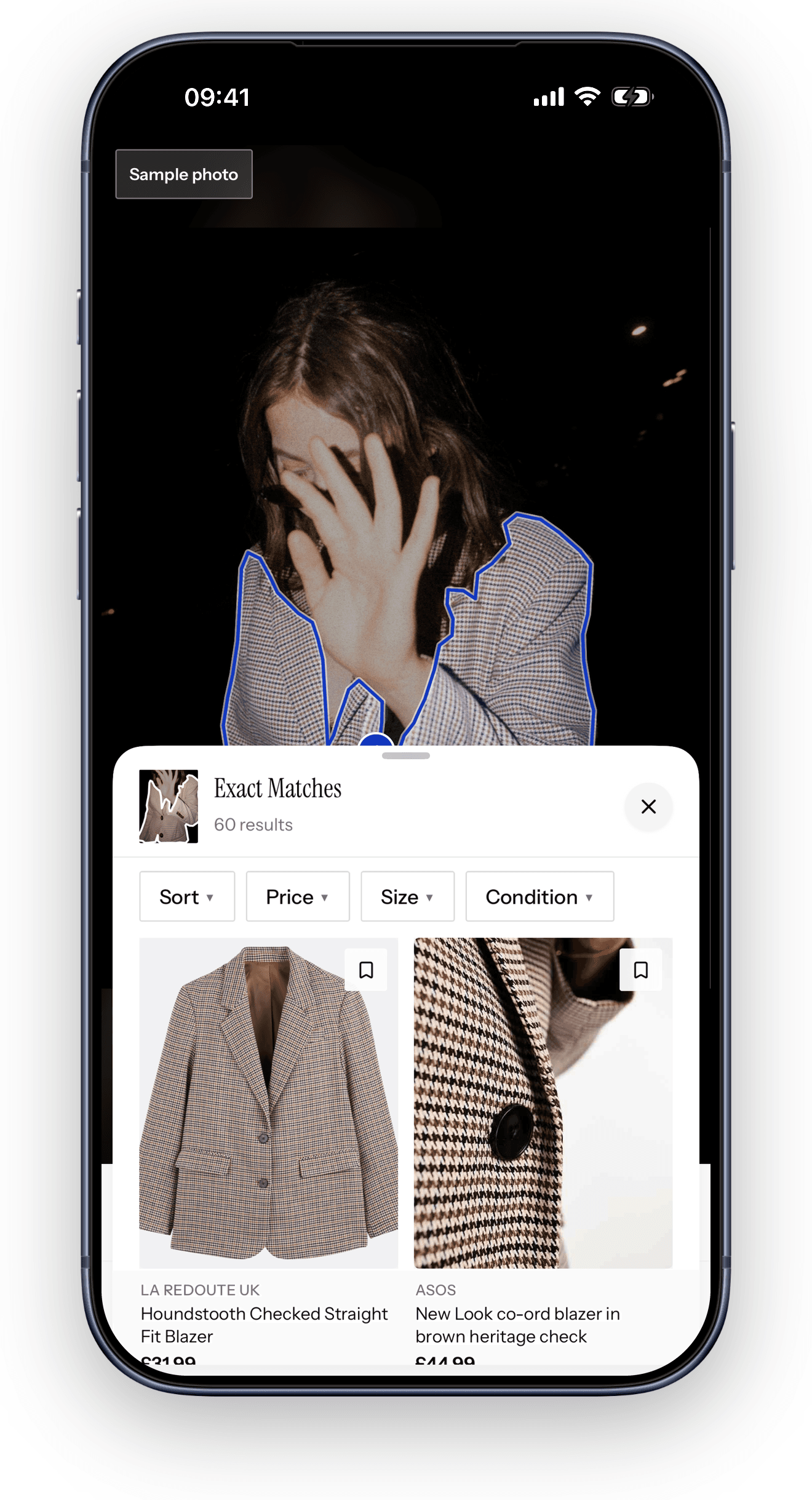Arenci Lens results: a night-time street style photo with the checked blazer outlined, and a sheet of 60 exact matches from La Redoute and ASOS with their prices