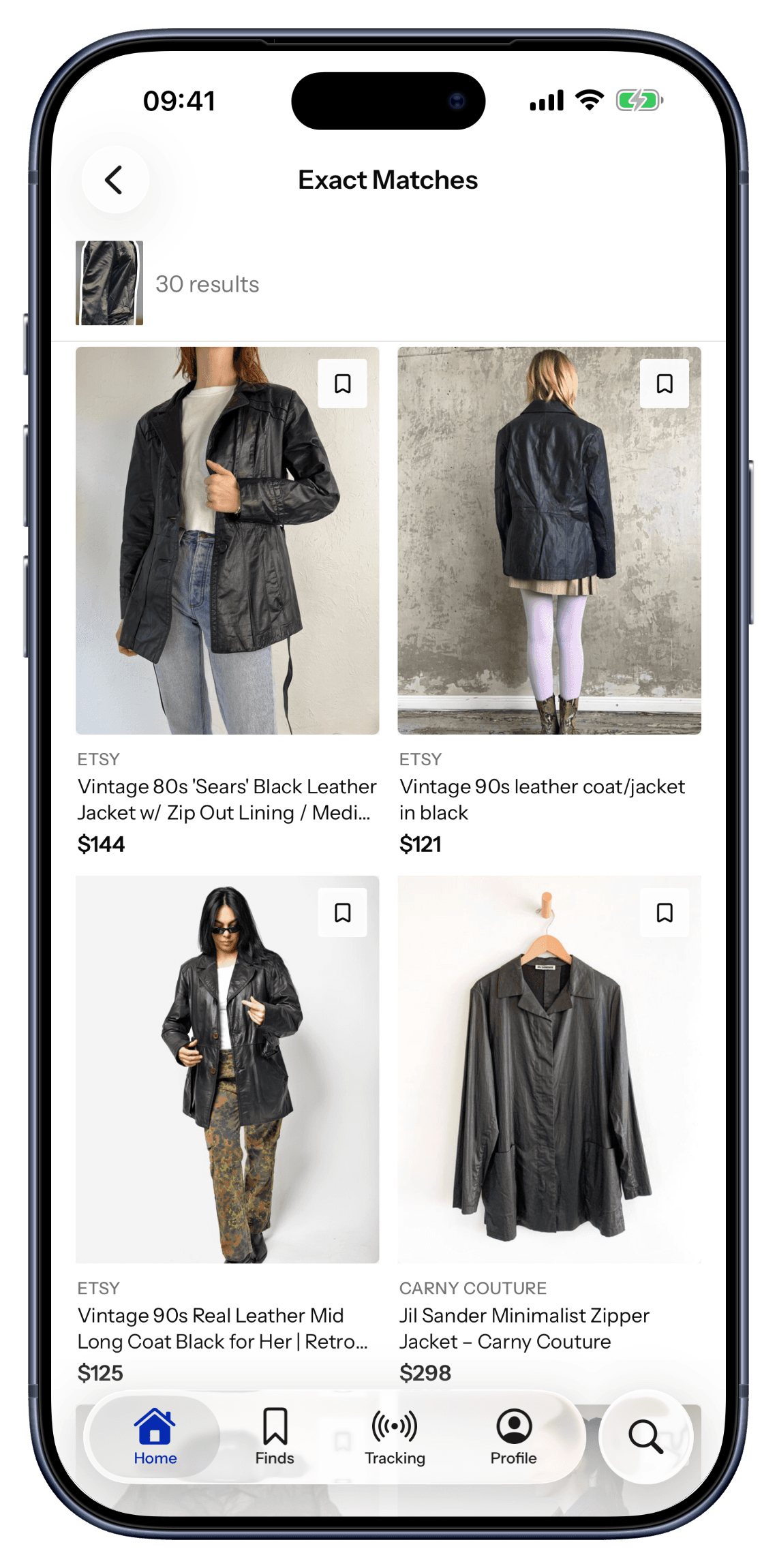 Exact matches for a black leather jacket across Etsy and independent shops