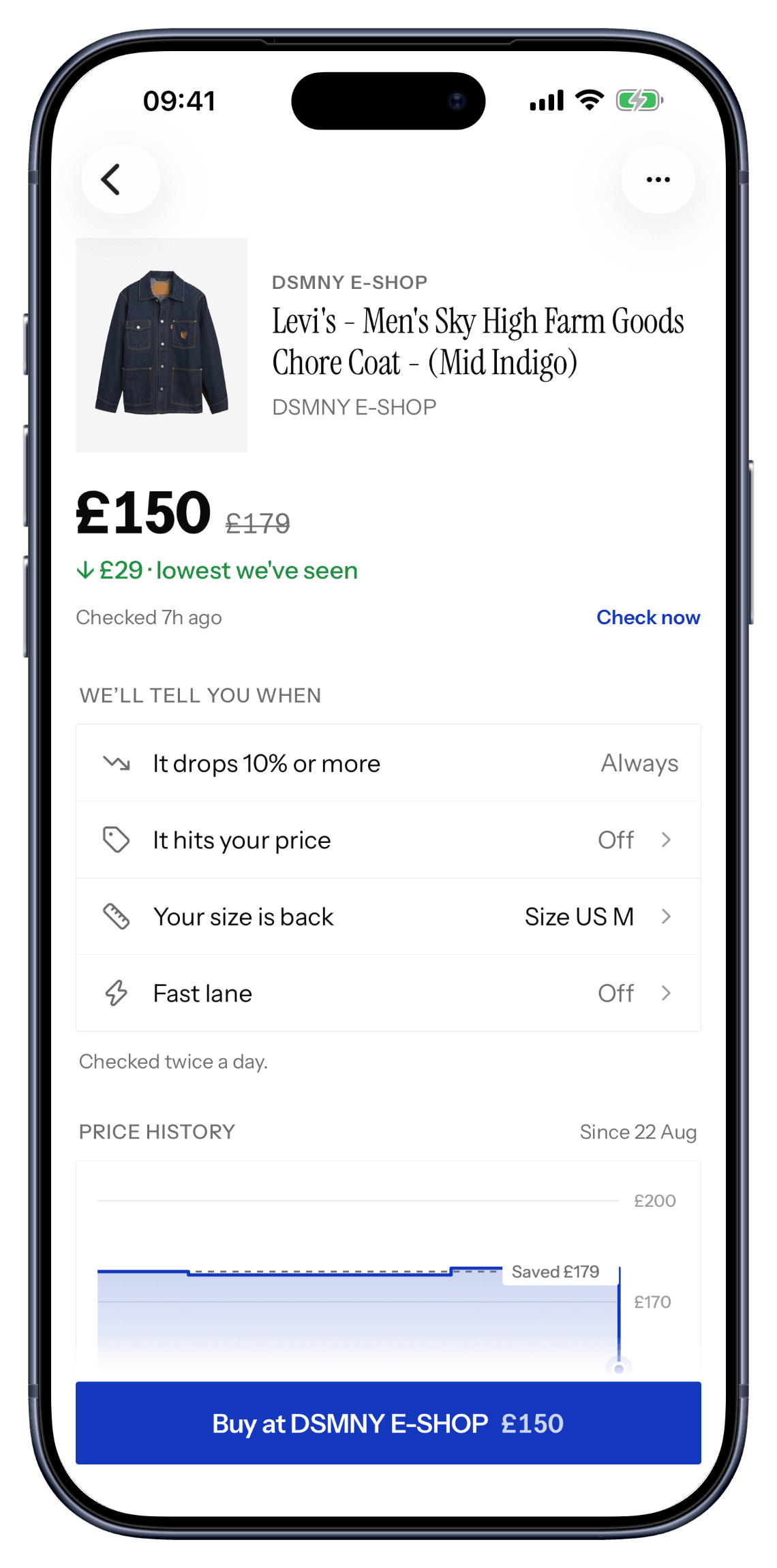 A tracked chore coat showing a £29 price drop and its price history